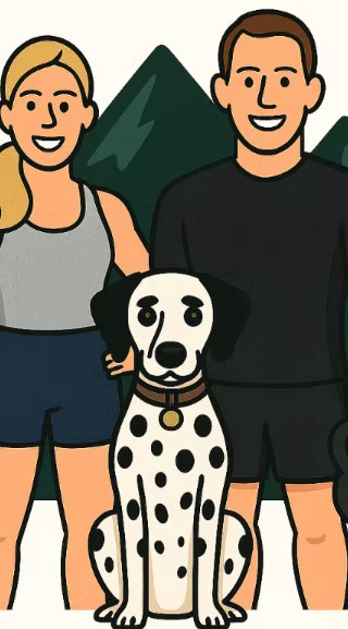 Cartoon illustration of Rob, Yvette and Blu the Dalmatian